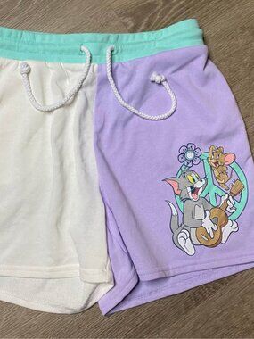 Tom & Jerry Colorblock Sweat Shorts Medium White Pink Aqua Cartoon Graphic Draws